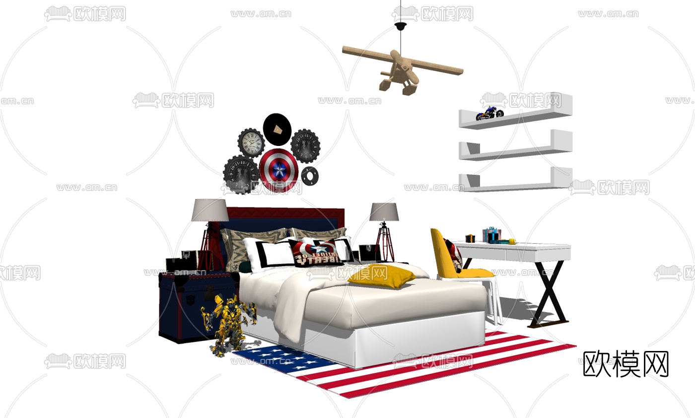 现代儿童床书桌组合su模型下载（渲染图2）