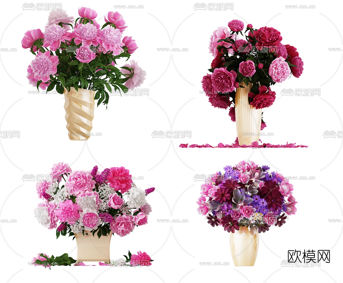 现代金属花瓶红色花卉插花摆件3D模型下载_ID10466494_3dmax免费模型-欧模网