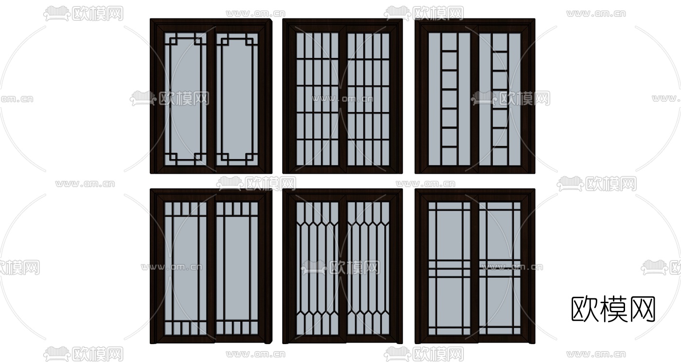 中式玻璃推拉门su模型下载