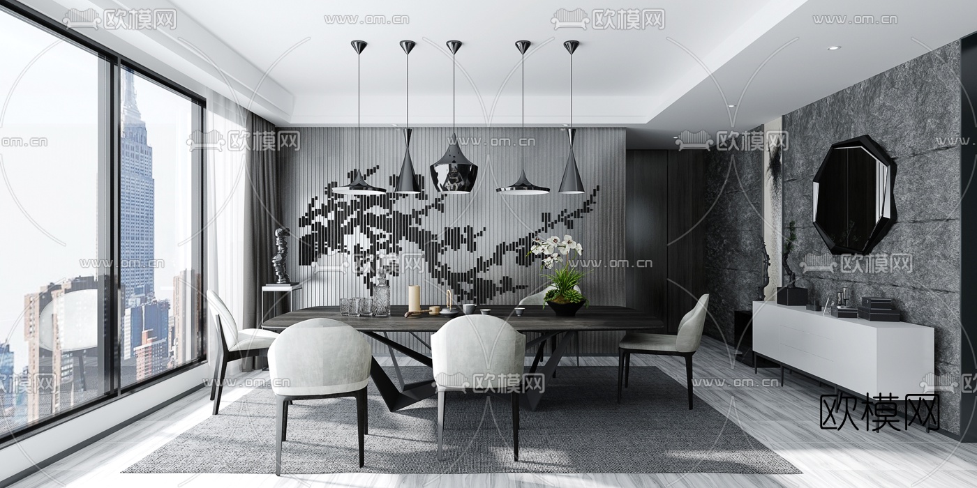 现代高级灰客厅餐厅3d模型下载（渲染图3）
