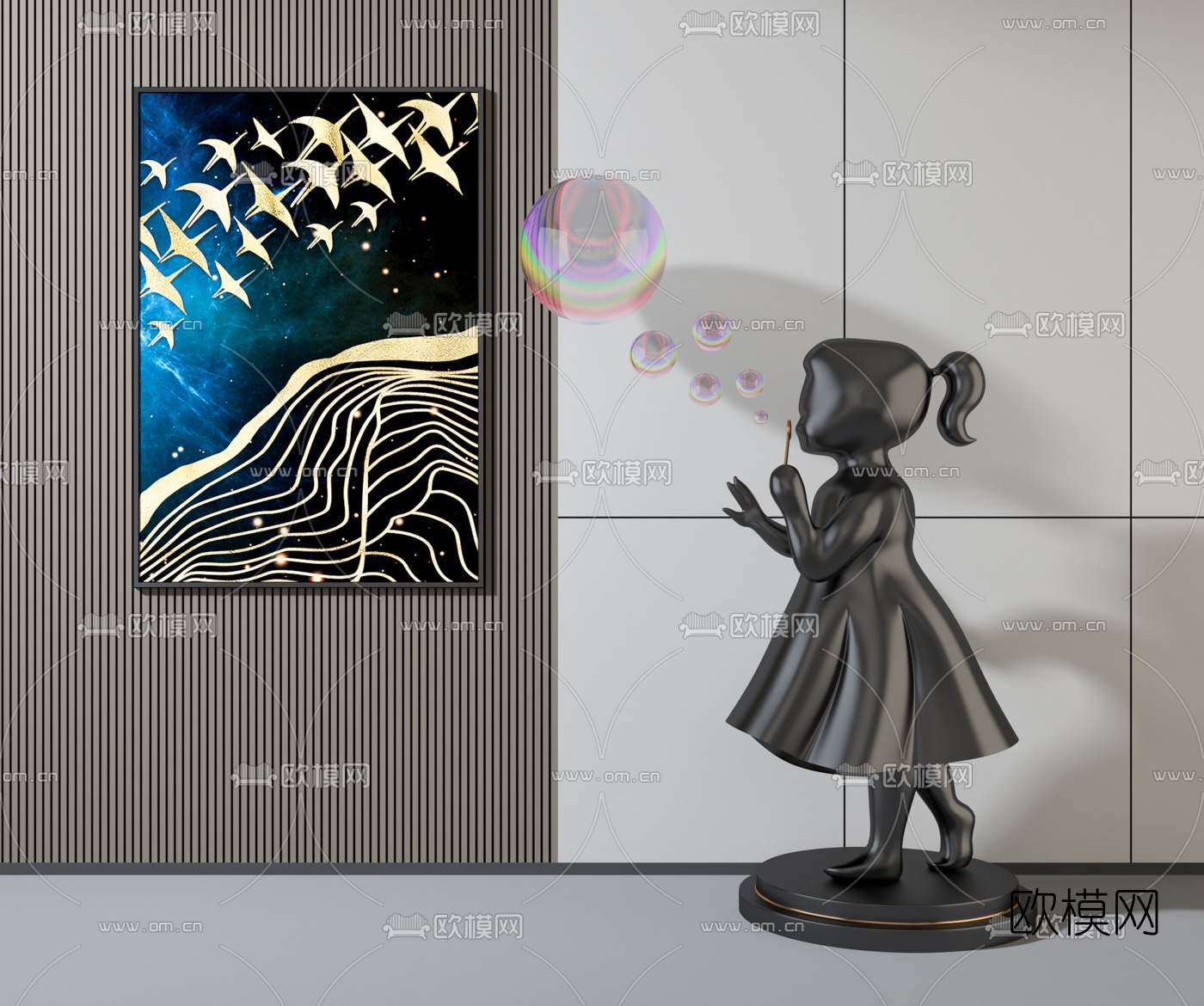 现代吹泡泡女孩雕塑3d模型