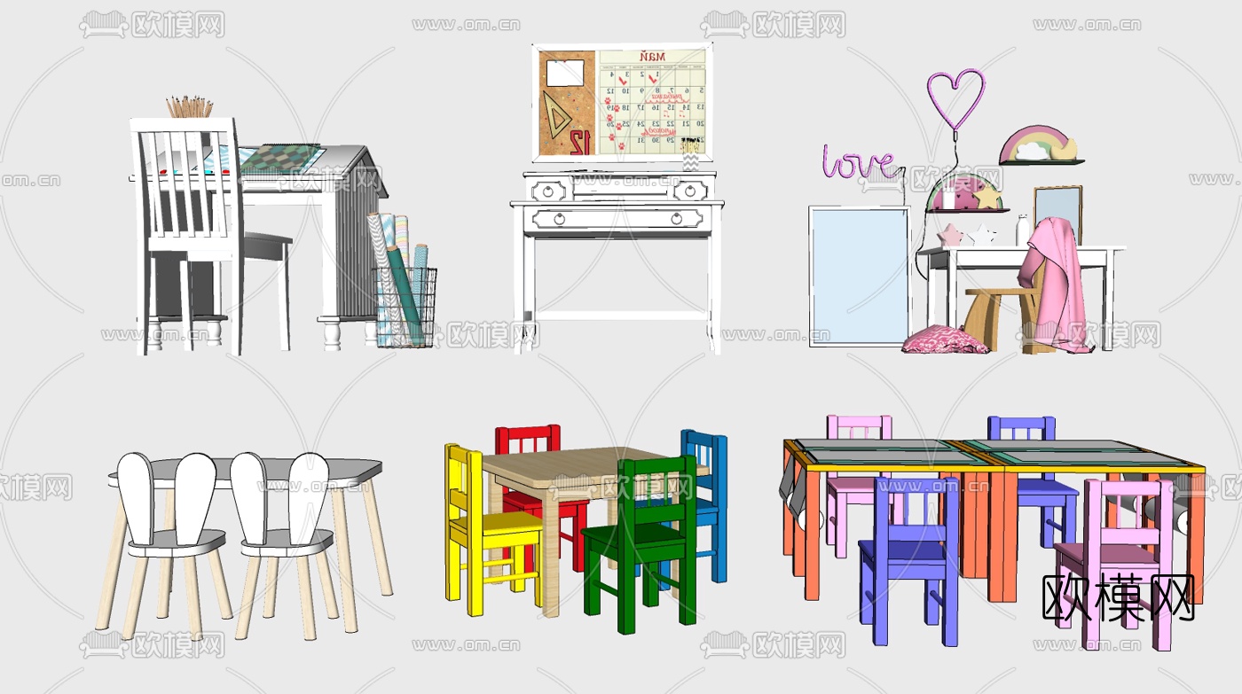 北欧实木儿童桌椅su模型下载