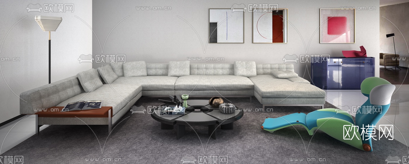 意大利Cassina品牌 现代转角沙发茶几组合3D模型下载