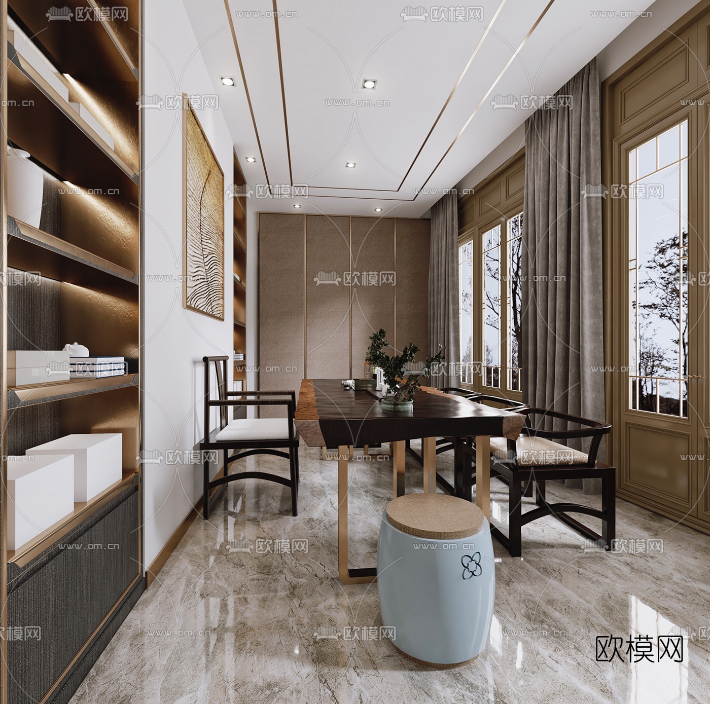 新中式复式客厅餐厅书房3D模型