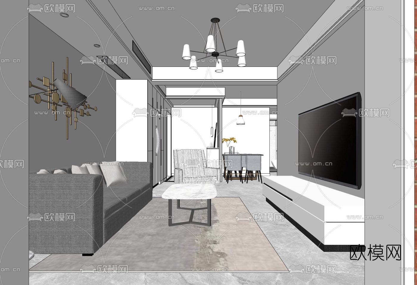 现代高级灰客厅餐厅su模型下载（渲染图6）