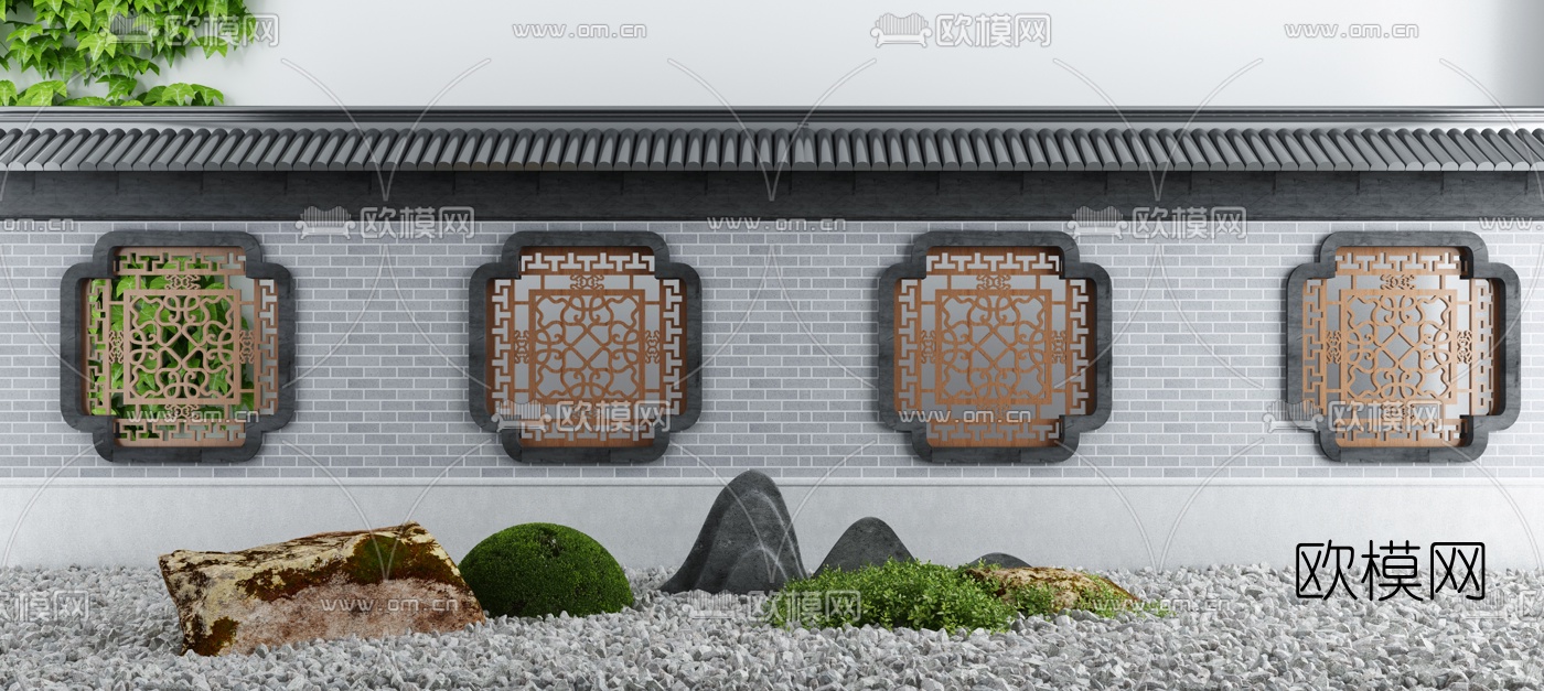 新中式庭院花窗墙壁3d模型