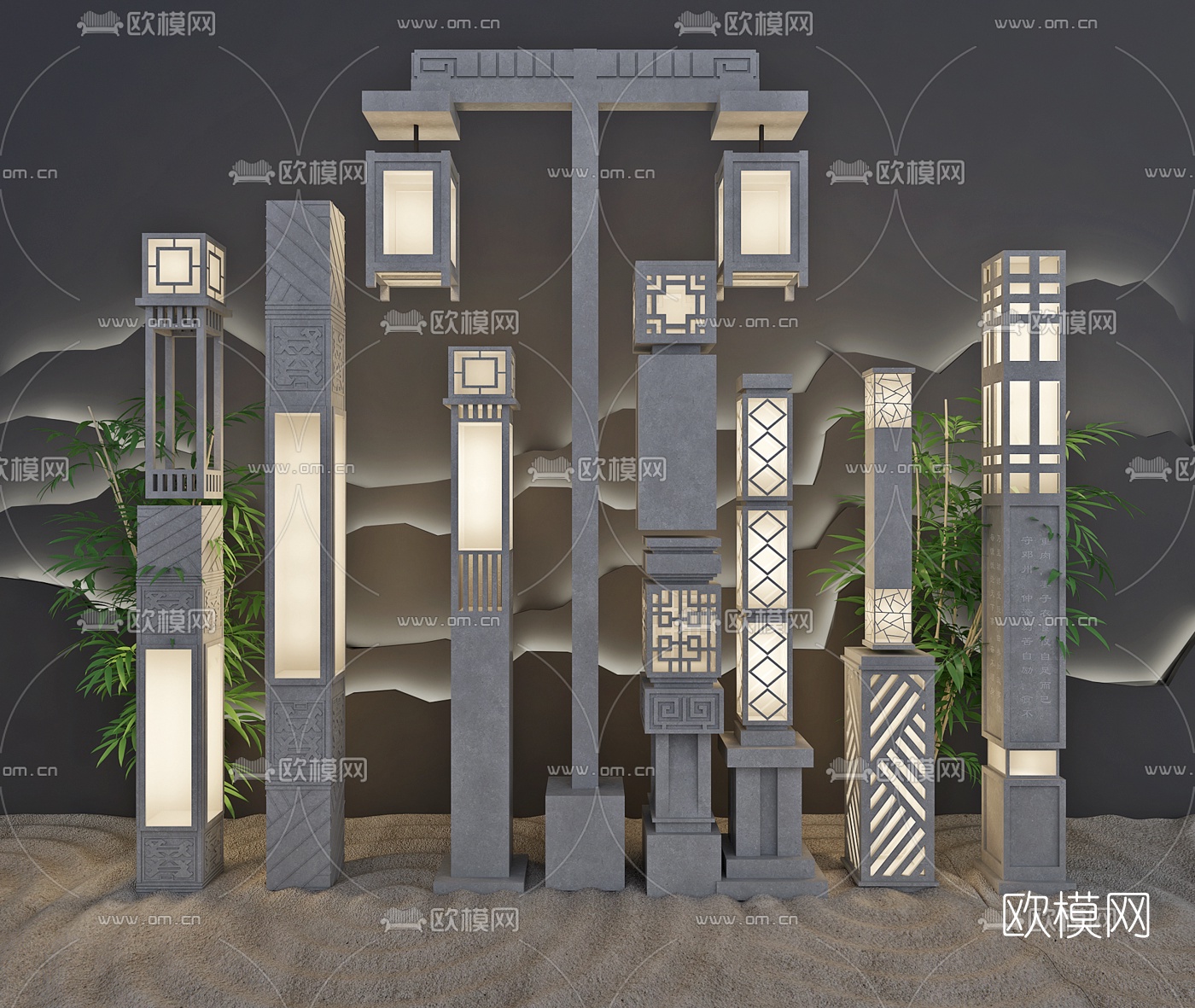 新中式户外落地灯组合3D模型