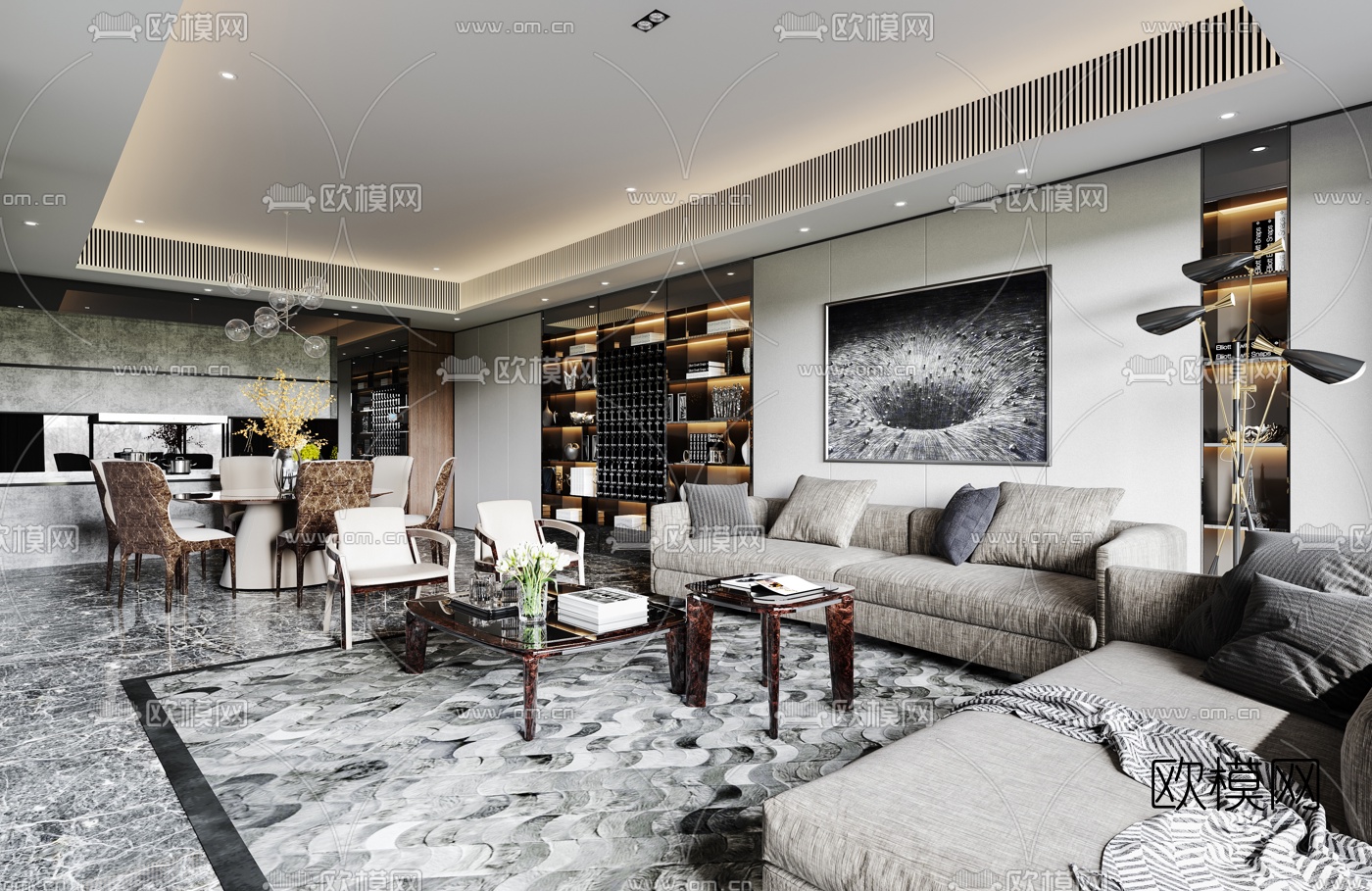 现代轻奢客厅餐厅3d模型下载（渲染图1）