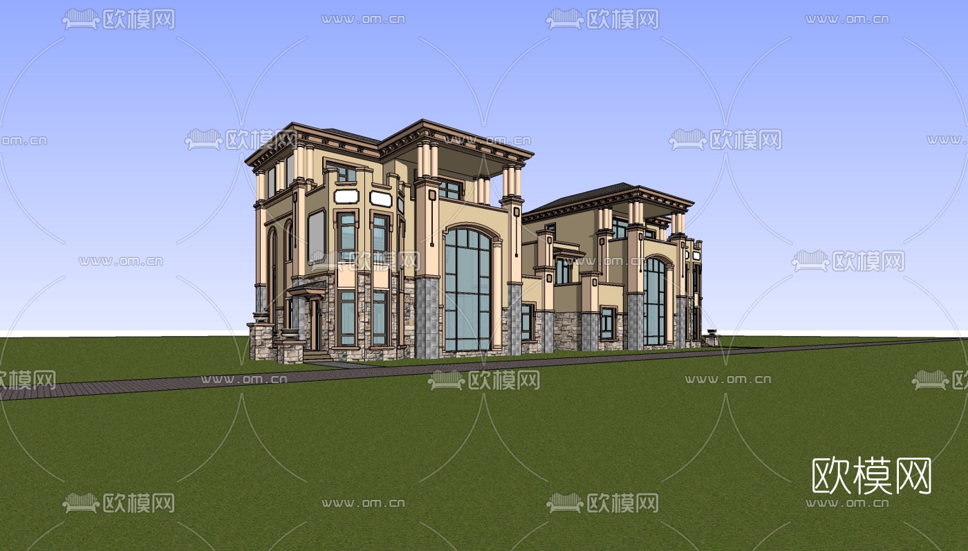 欧式连排别墅su模型下载（渲染图1）