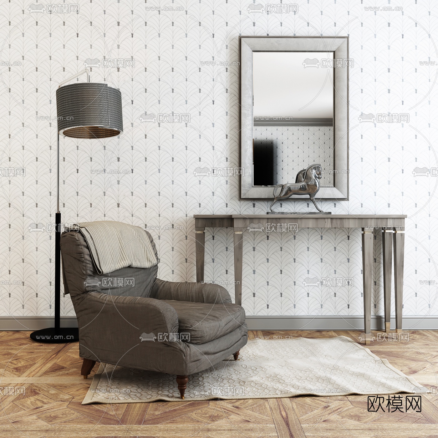 北欧单人沙发端景台落地灯组合3D模型下载