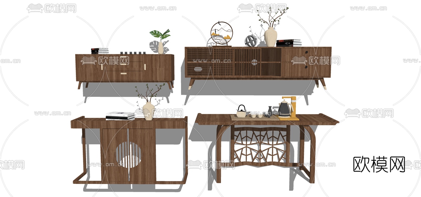 新中式端景条案电视柜su模型下载