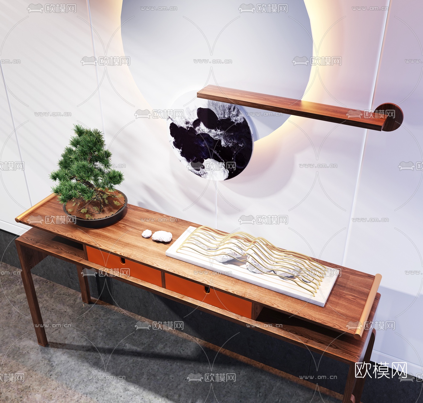 新中式实木玄关端景柜墙饰摆件3D模型