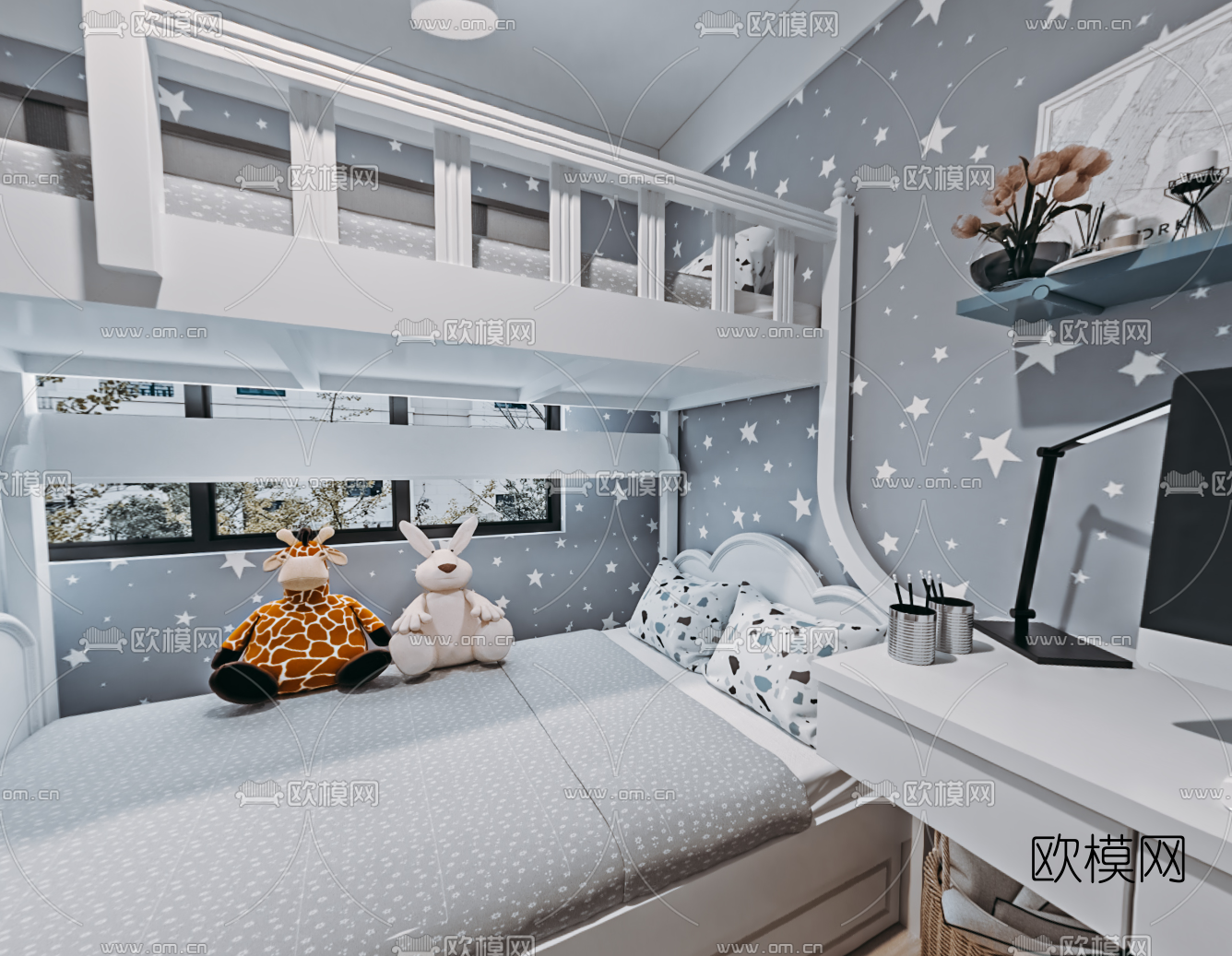 现代上下铺儿童房vr全景3d模型