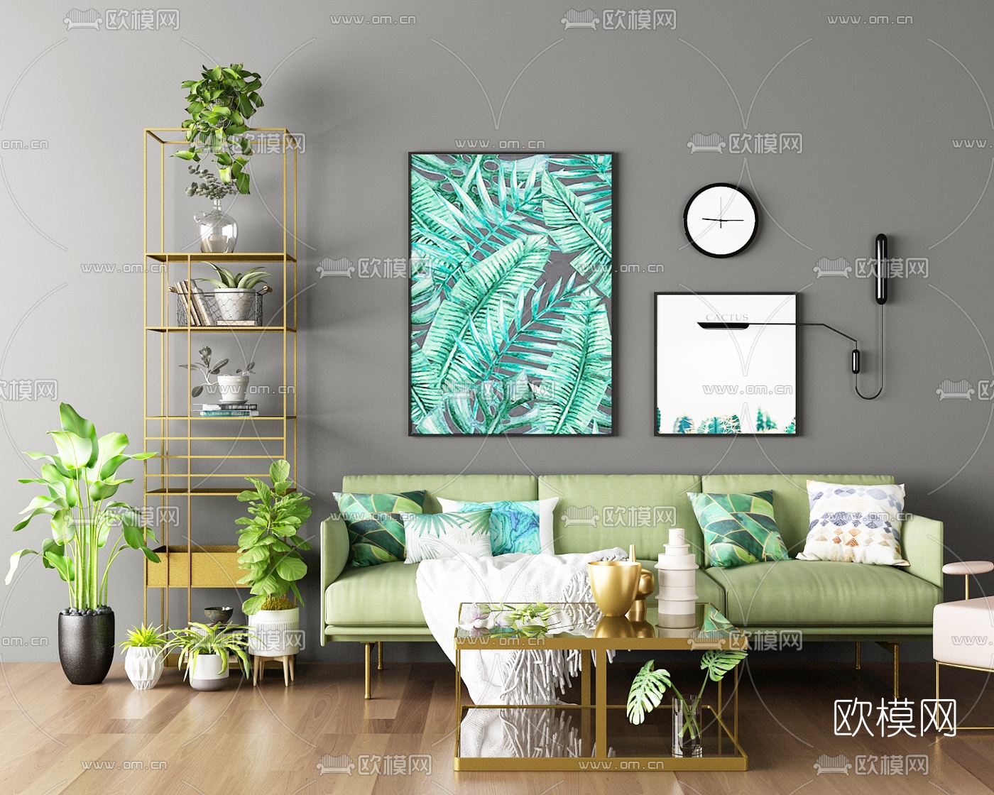 现代绿色布艺沙发组合3d模型-免费3dmax模型库-欧模网