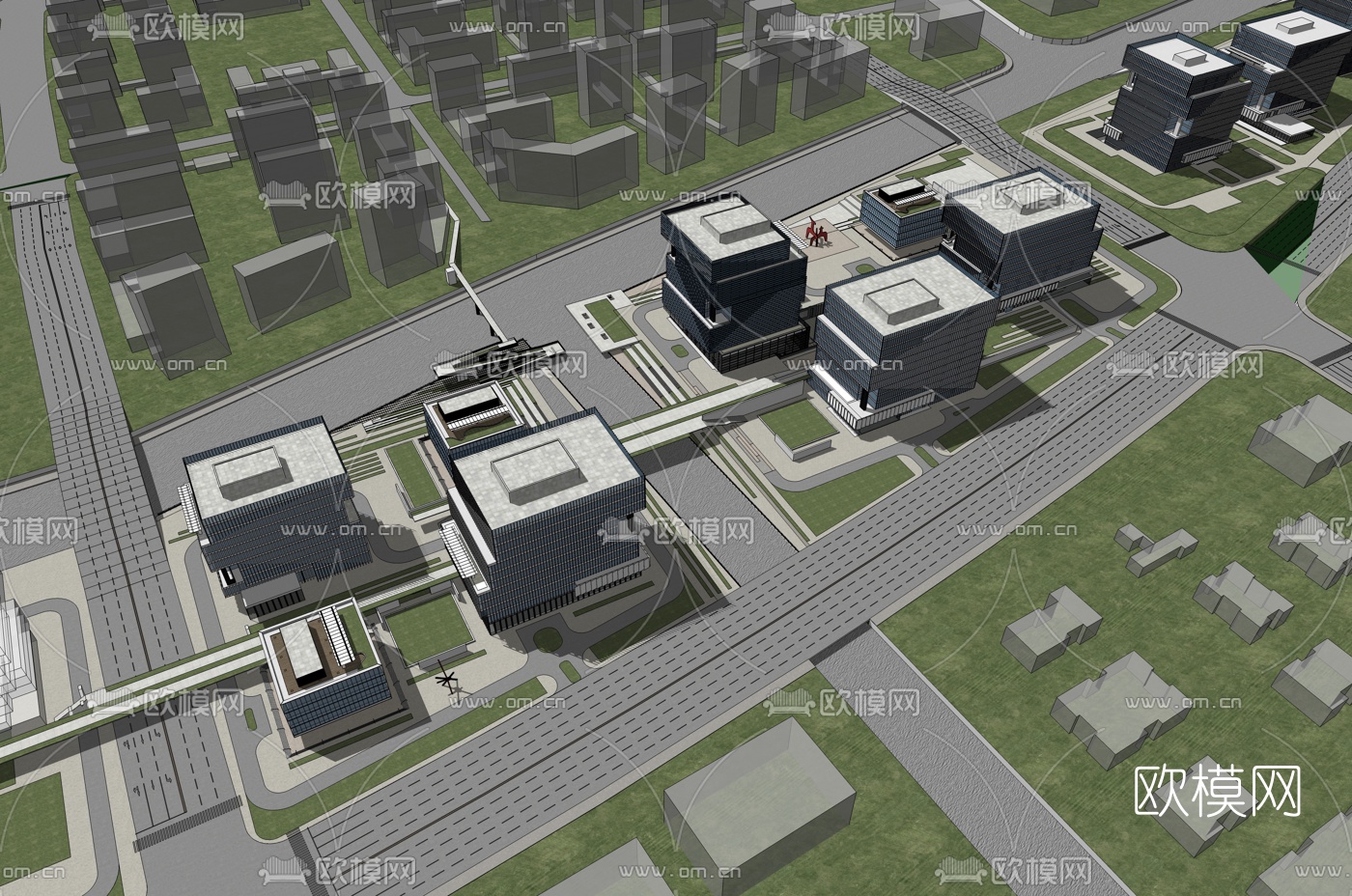 现代办公园区鸟瞰su模型下载（渲染图2）