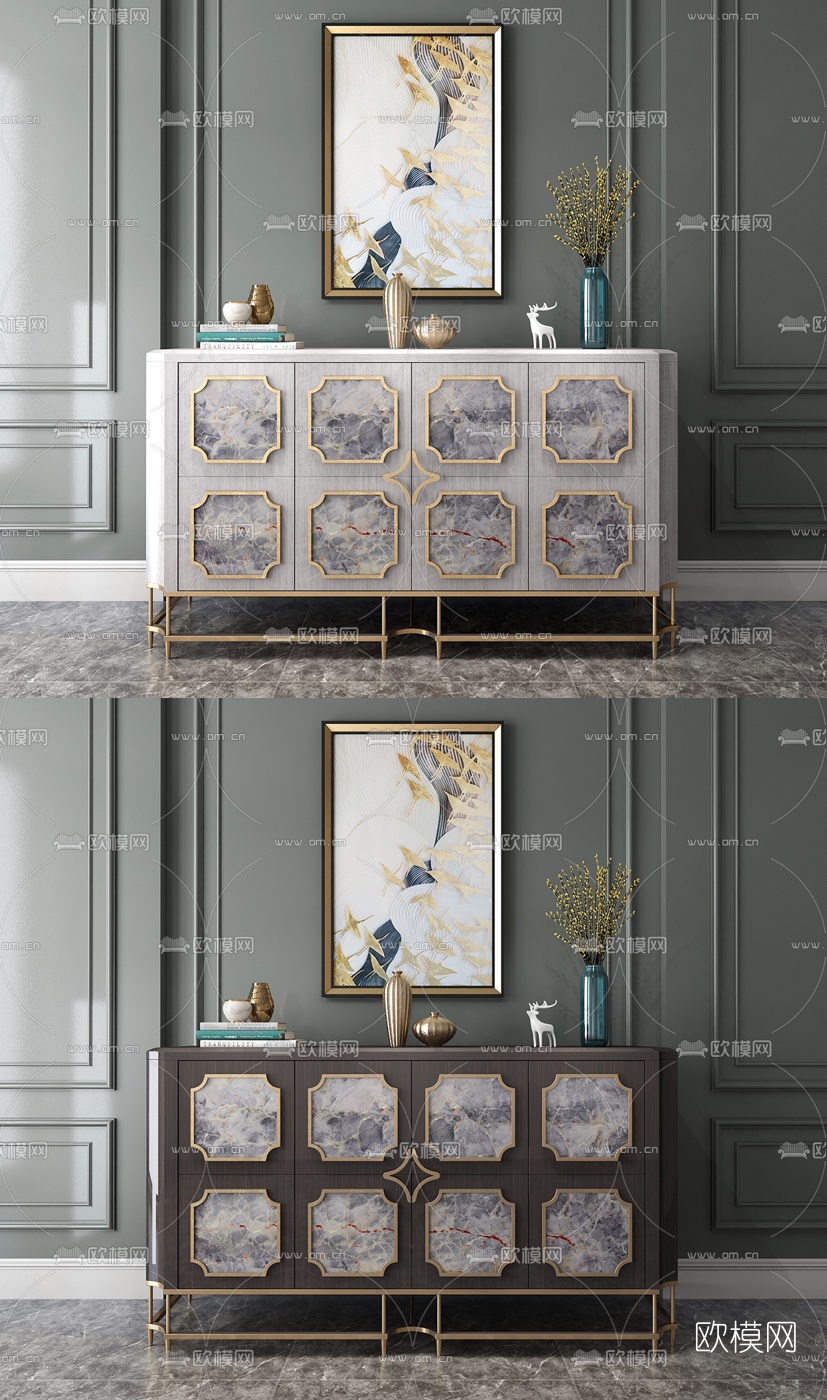 美式轻奢边柜3d模型下载（渲染图3）