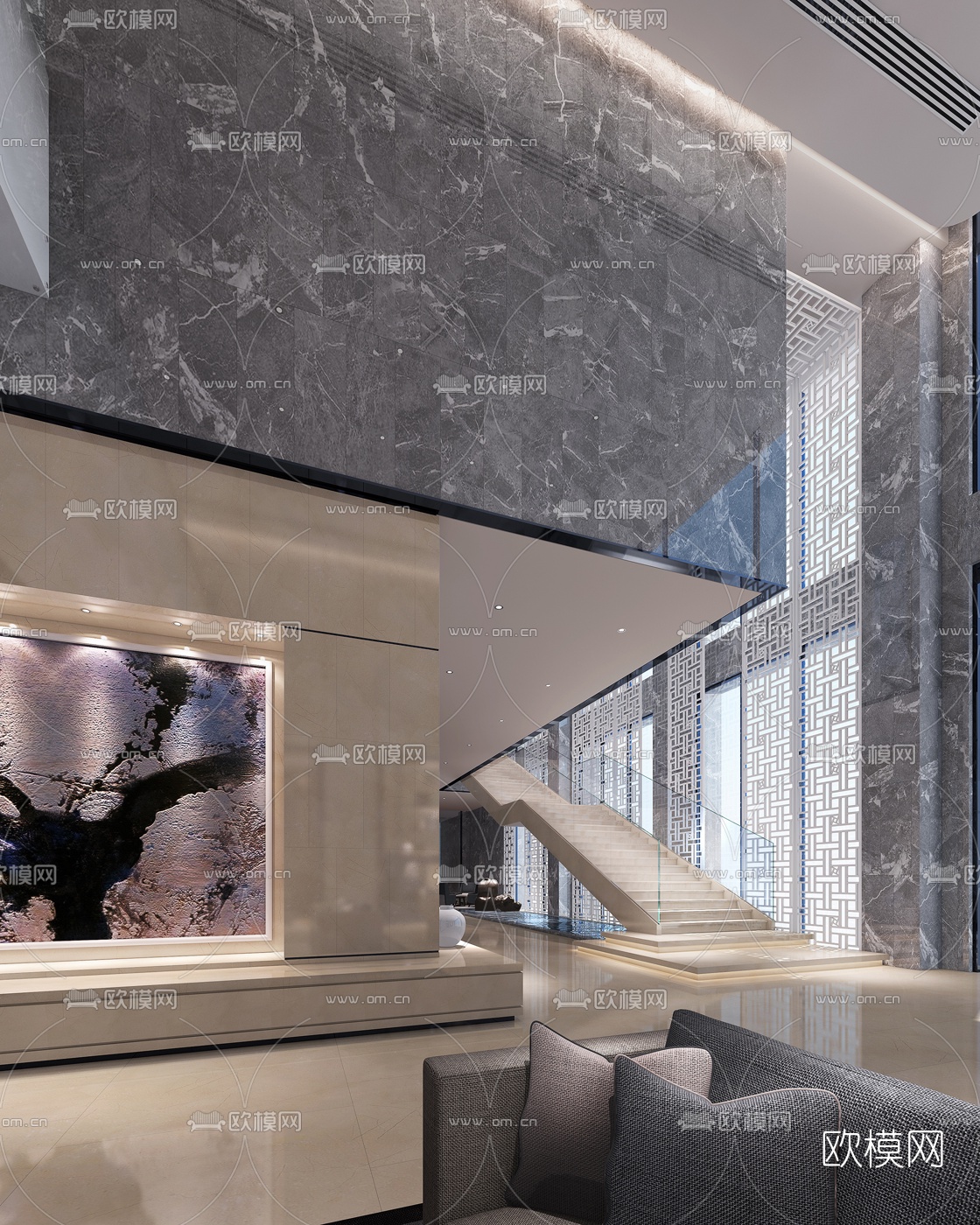 新中式酒店前台大堂3d模型