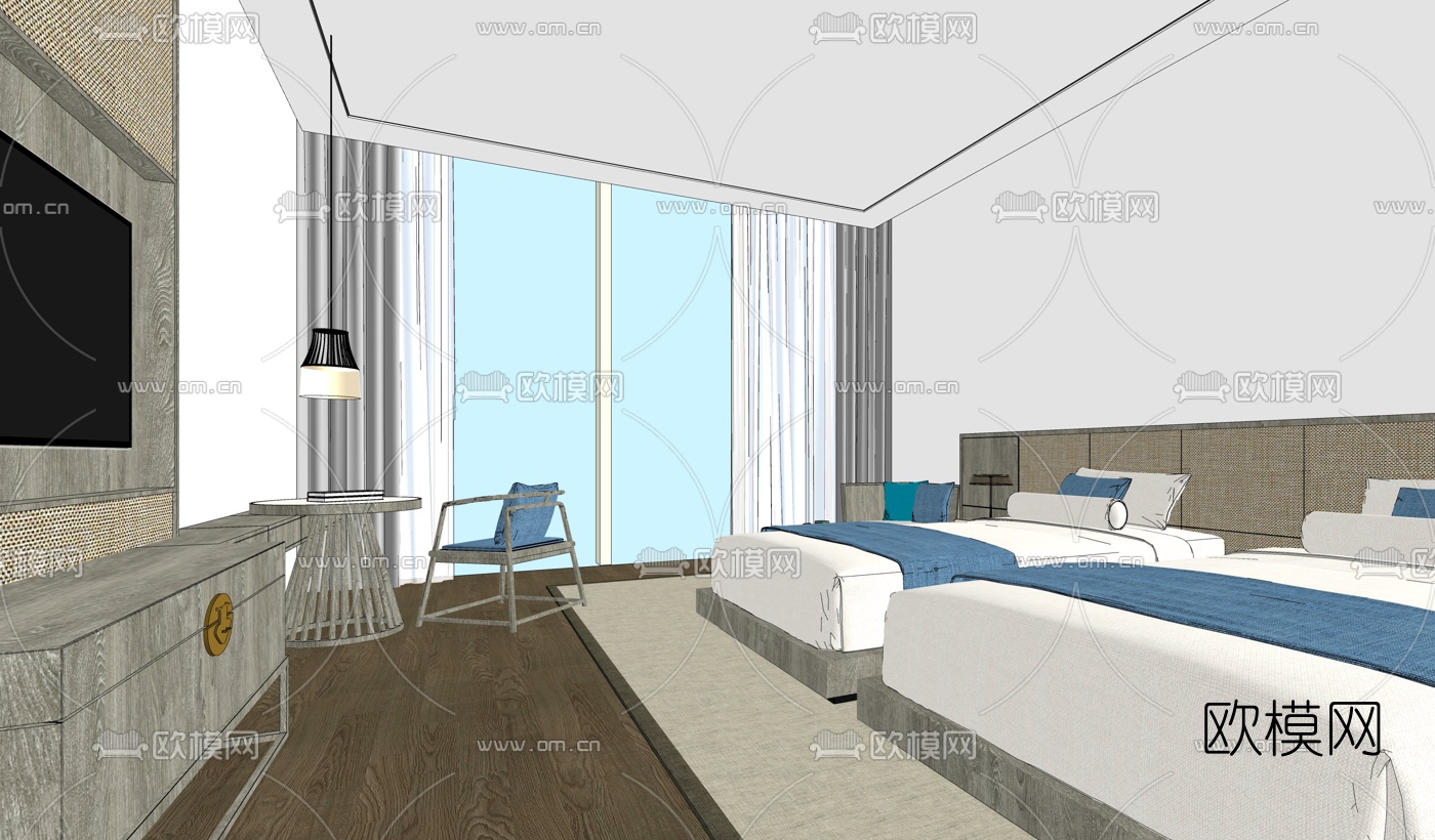 新中式酒店客房双人房su模型下载（渲染图2）