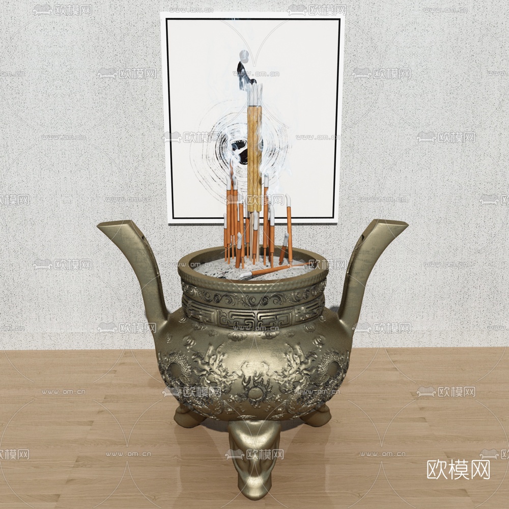 中式双龙香炉鼎雕塑3d模型下载