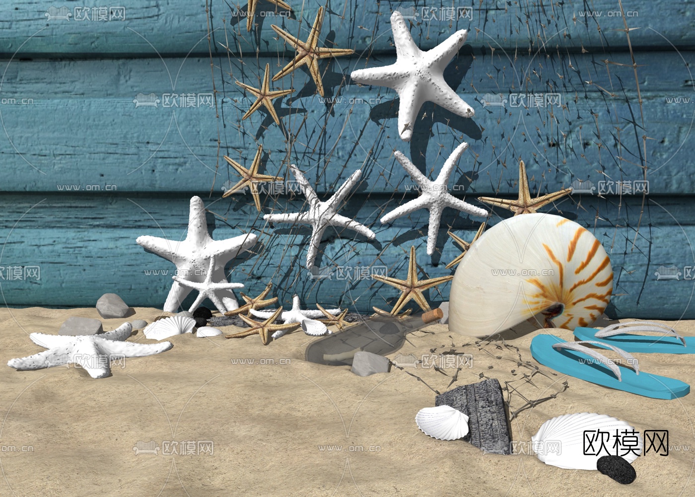 地中海海星海螺渔网摆件su模型下载