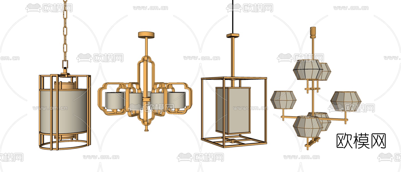 新中式金属吊灯组合su模型下载