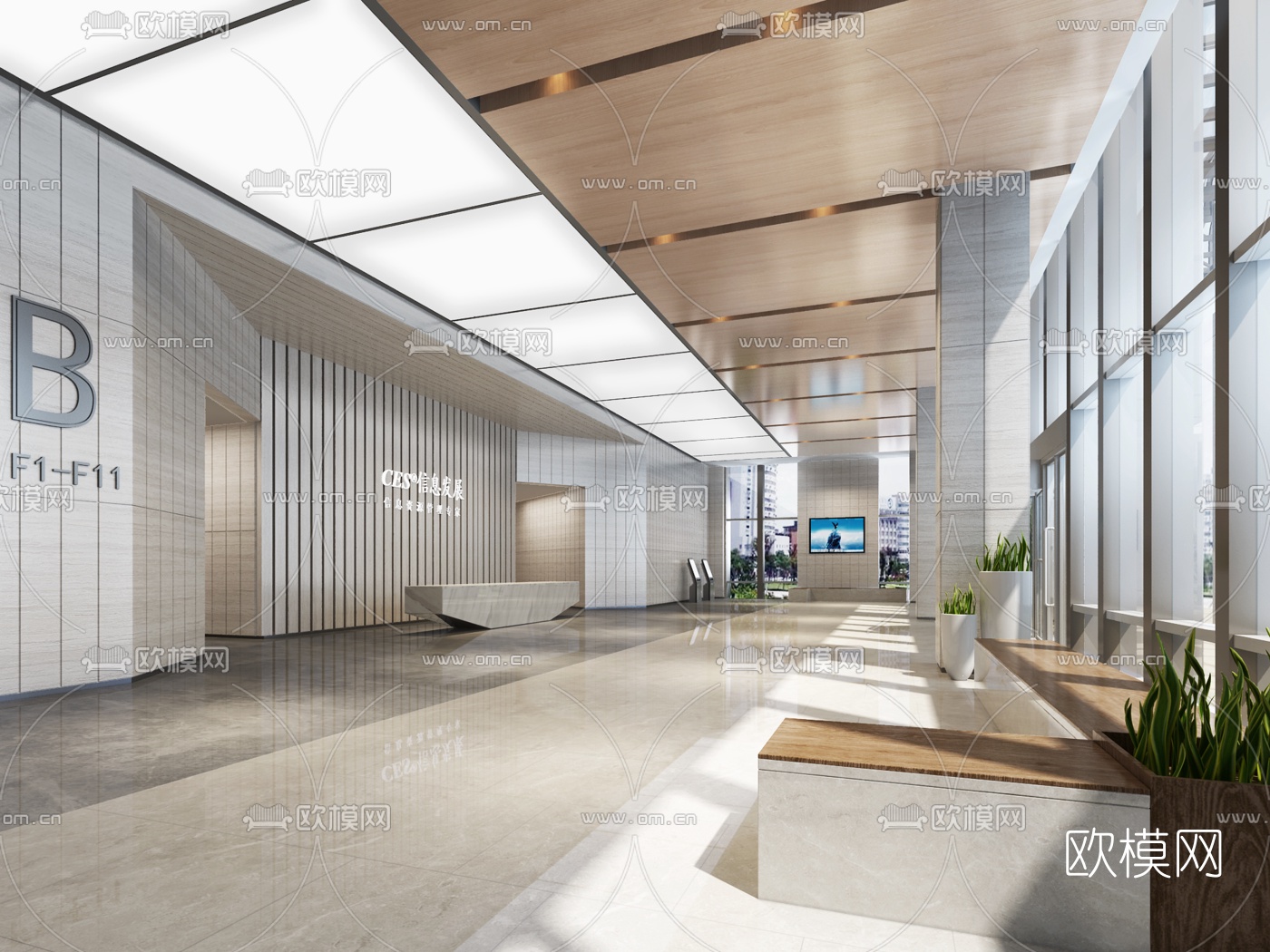 现代办公室前台大厅3d模型下载_ID10013481_3dmax免费模型-欧模网