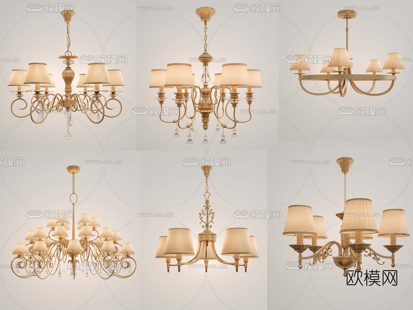 美式金属多头吊灯组合3D模型下载
