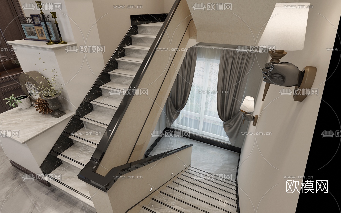 美式别墅混搭客厅楼梯玄关书房3d模型下载（渲染图5）