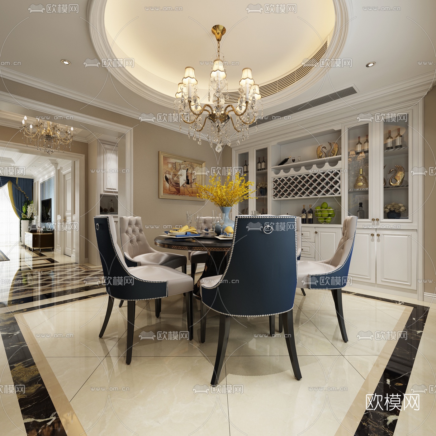 简欧客厅餐厅3D模型下载（渲染图4）