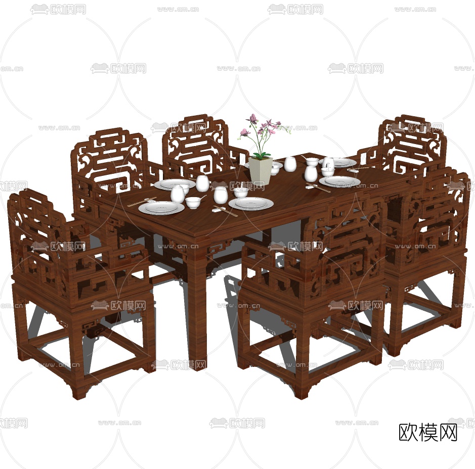 中式实木餐桌椅免费su模型下载（渲染图2）