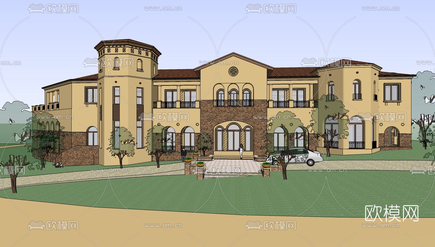 欧式独栋别墅su模型下载（渲染图1）