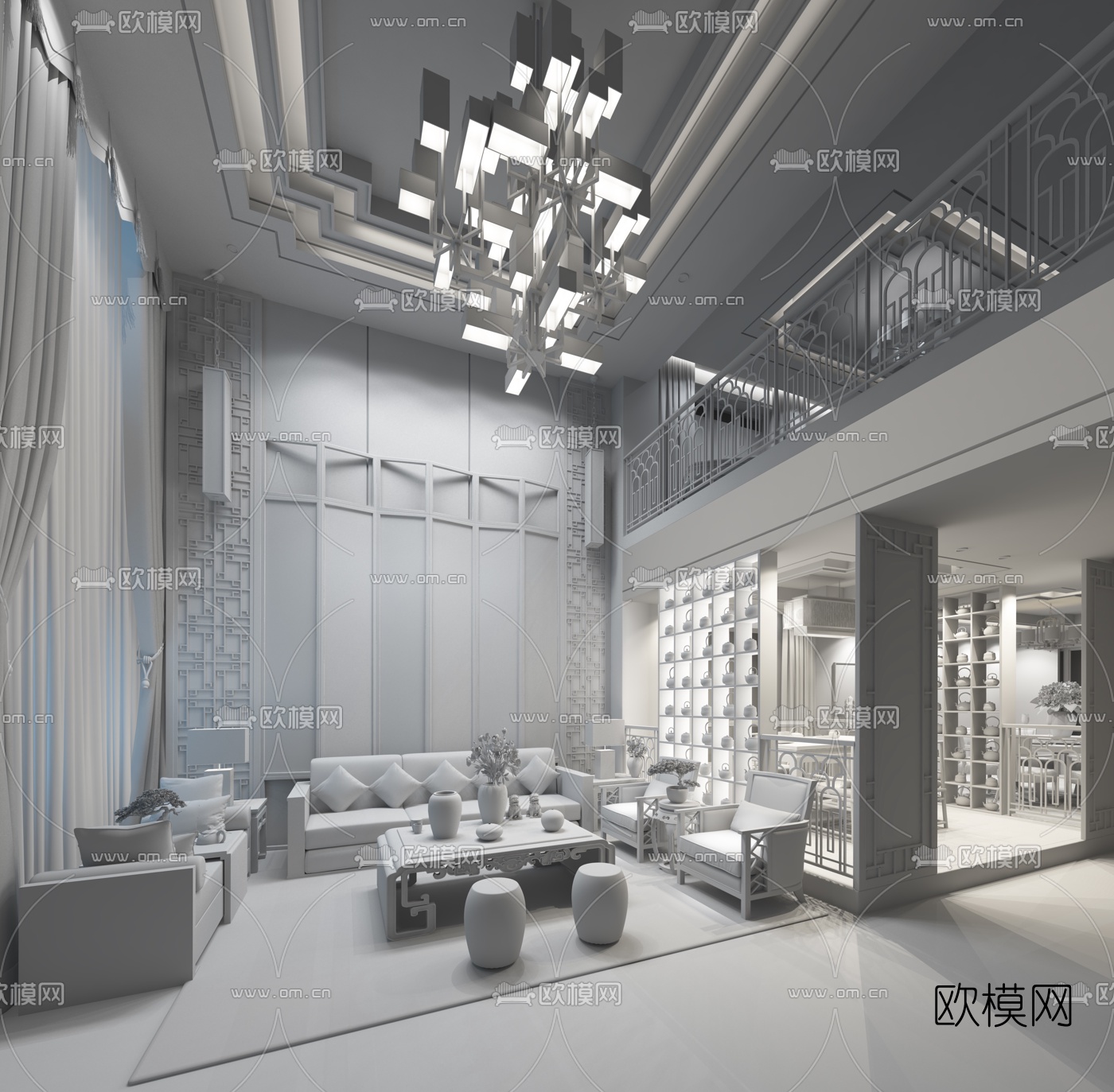 辛视设计 新中式别墅客厅3D模型下载（渲染图2）