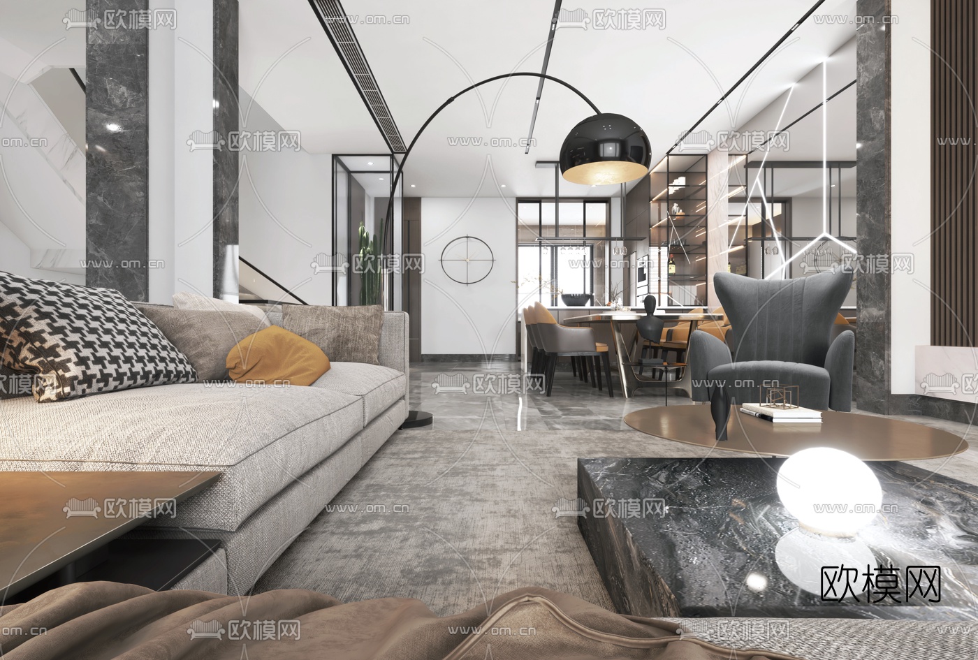 现代高级灰客厅餐厅3d模型