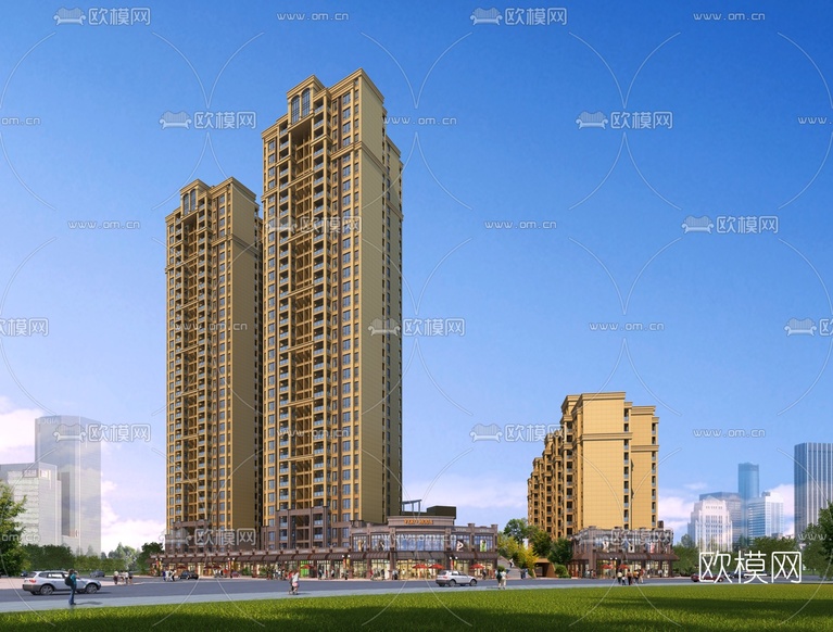 简欧高层住宅外观3d模型下载(渲染图2)