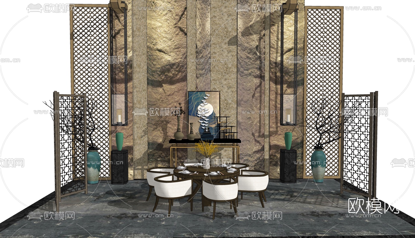 新中式轻奢餐桌椅su模型下载（渲染图1）