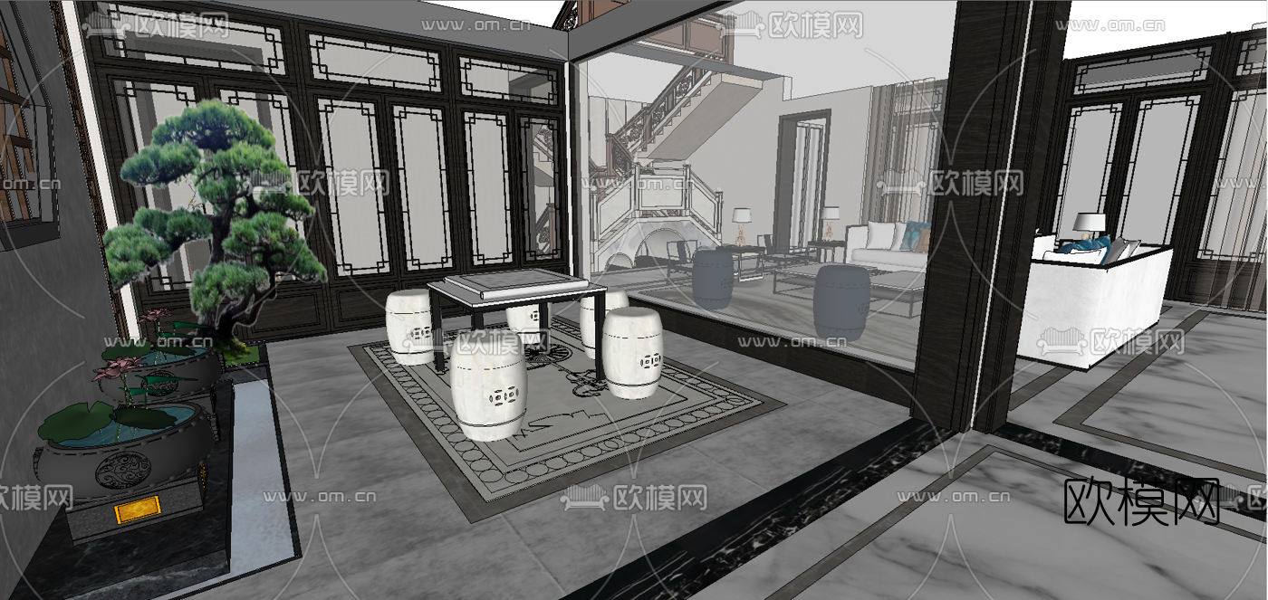 新中式别墅大堂餐厅su模型下载（渲染图3）