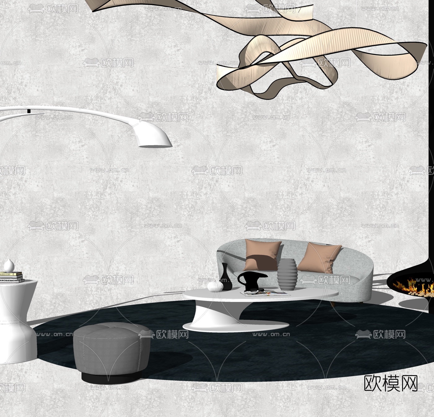 现代布艺弧形多人沙发su模型下载（渲染图2）