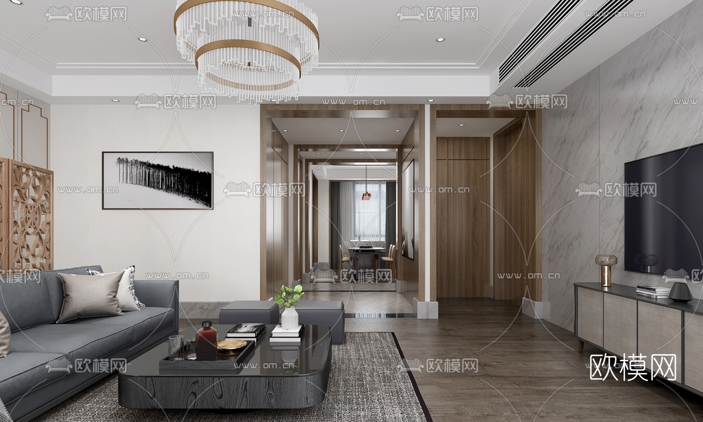 现代高级灰客厅餐厅3d模型下载（渲染图3）