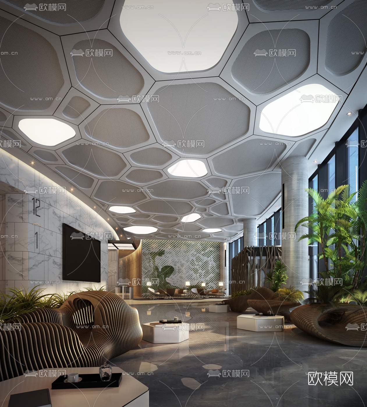 现代写字楼大堂d模型-免费3dmax模型库-欧模网