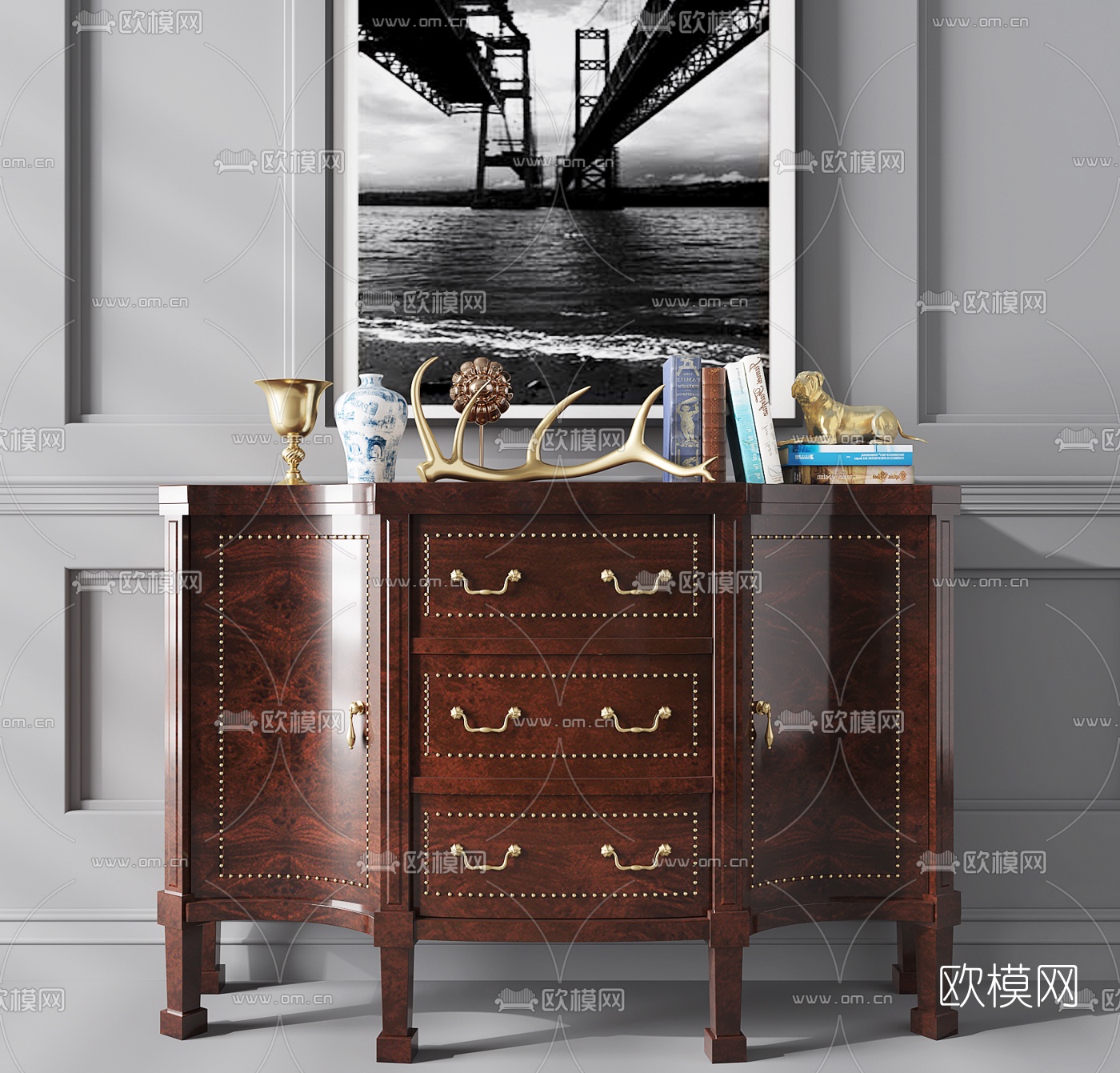 美式实木边柜摆件挂画组合3D模型下载