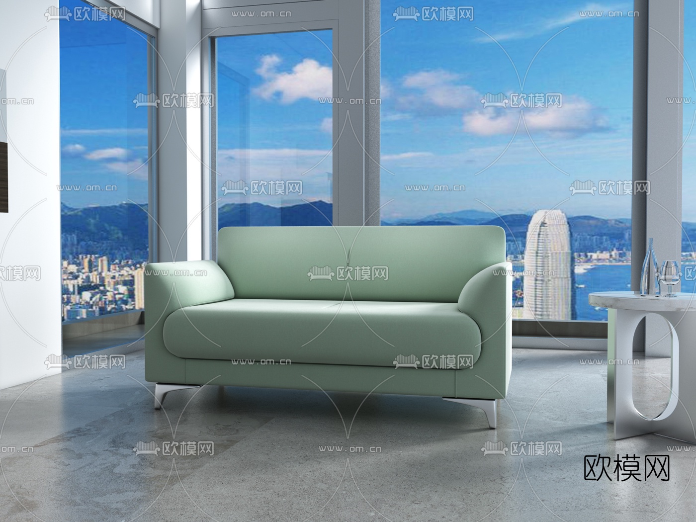 现代绒布双人办公沙发3d模型下载（渲染图1）