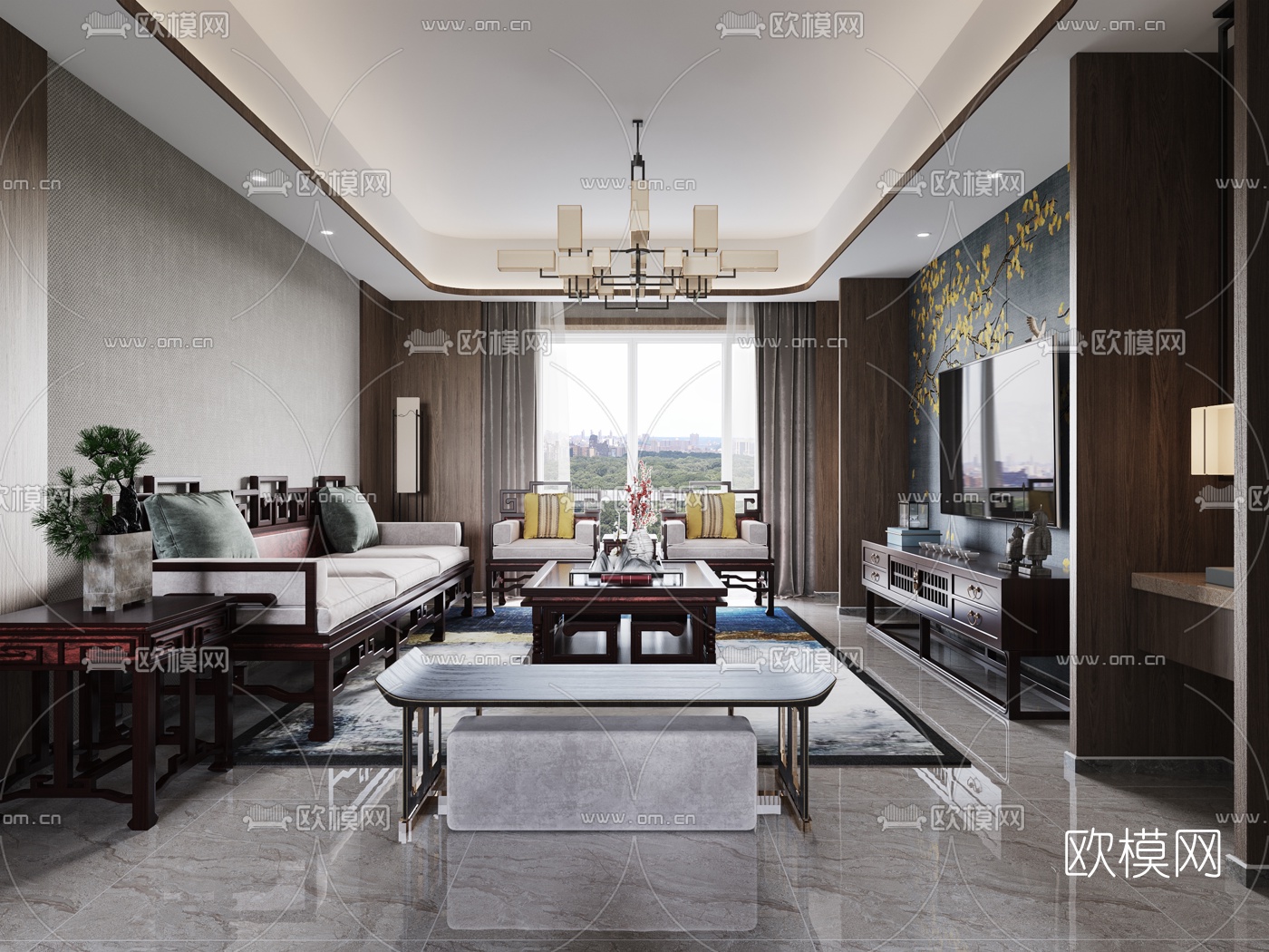 新中式客厅餐厅3d模型下载（渲染图1）