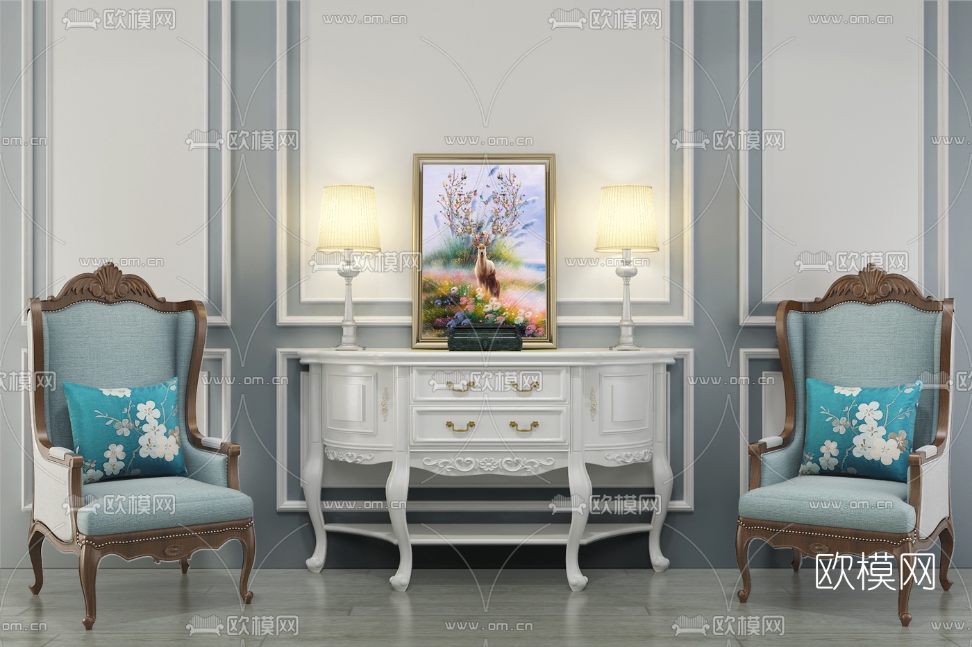 欧式端景台单椅摆件组合3D模型