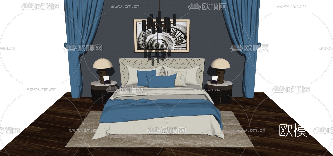 现代轻奢双人床组合su模型下载（渲染图1）