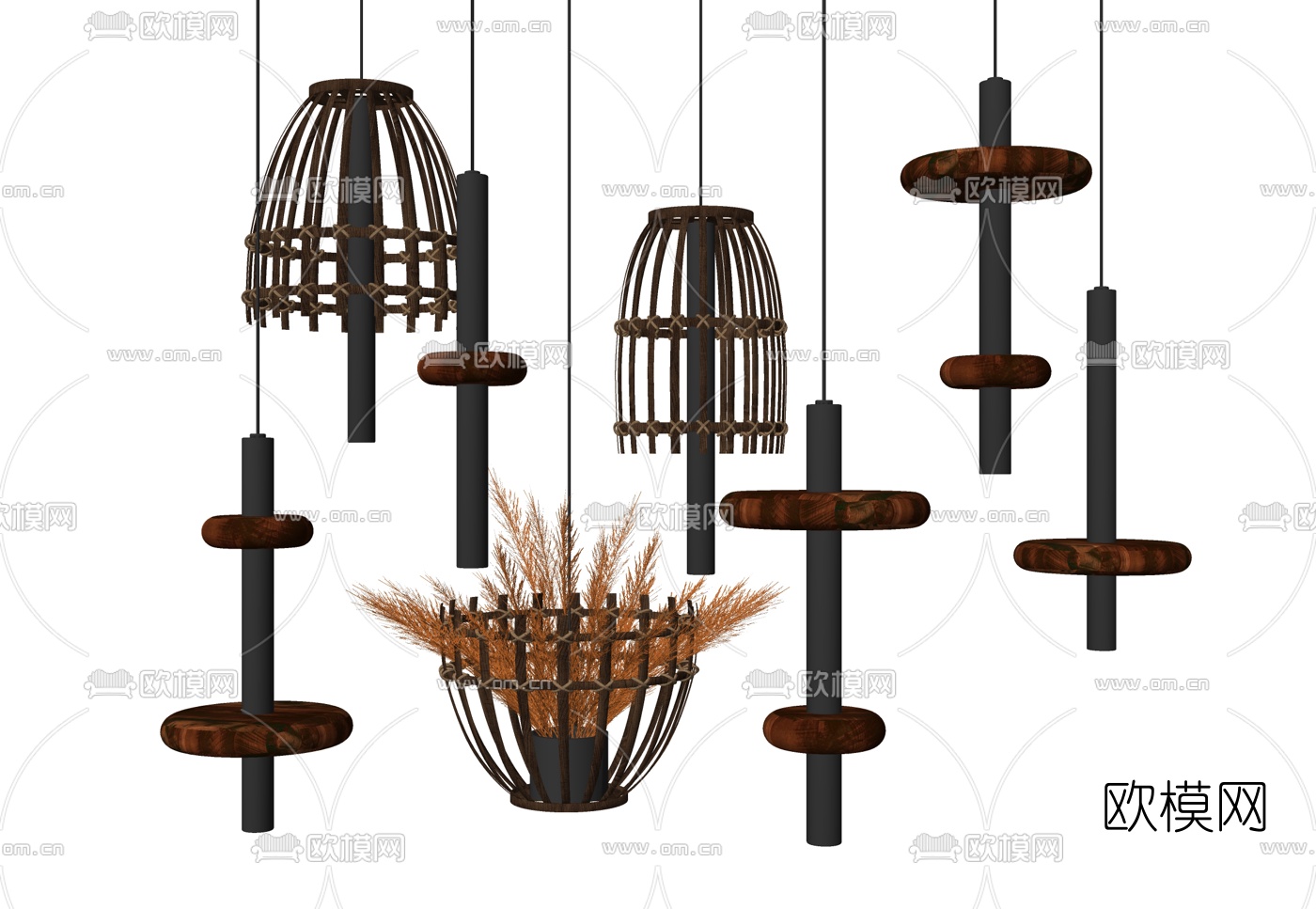 自然风竹编吊灯su模型下载