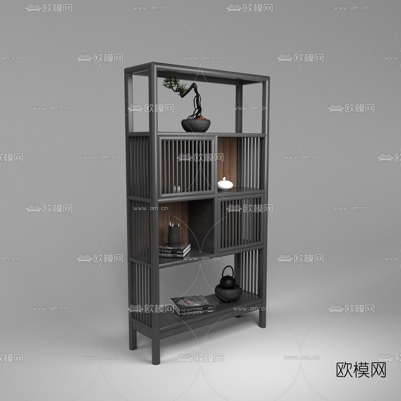 中式实木装饰柜盆栽组合3D模型下载