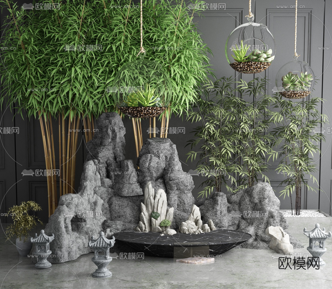 新中式假山石头竹子园艺小品3d模型下载