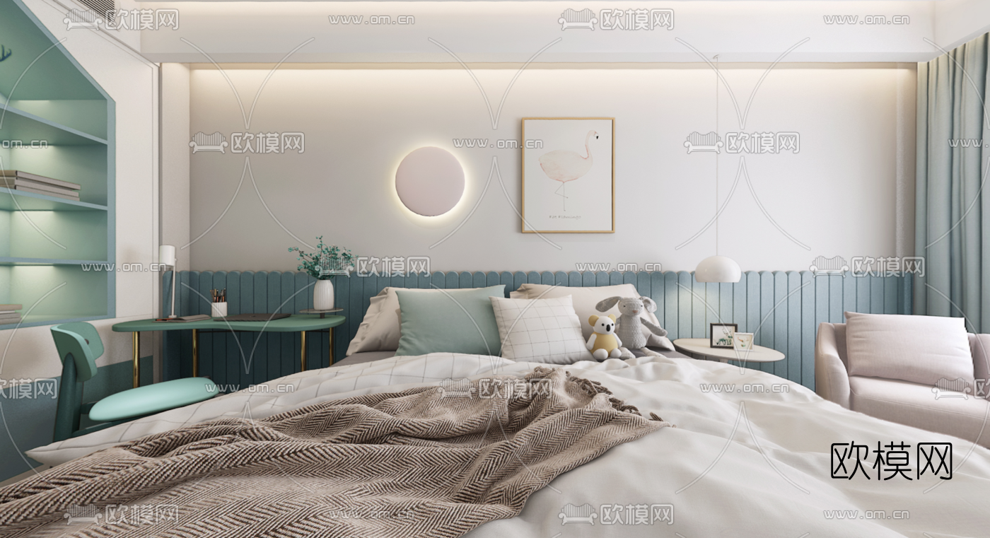 北欧女儿房卧室全景3d模型