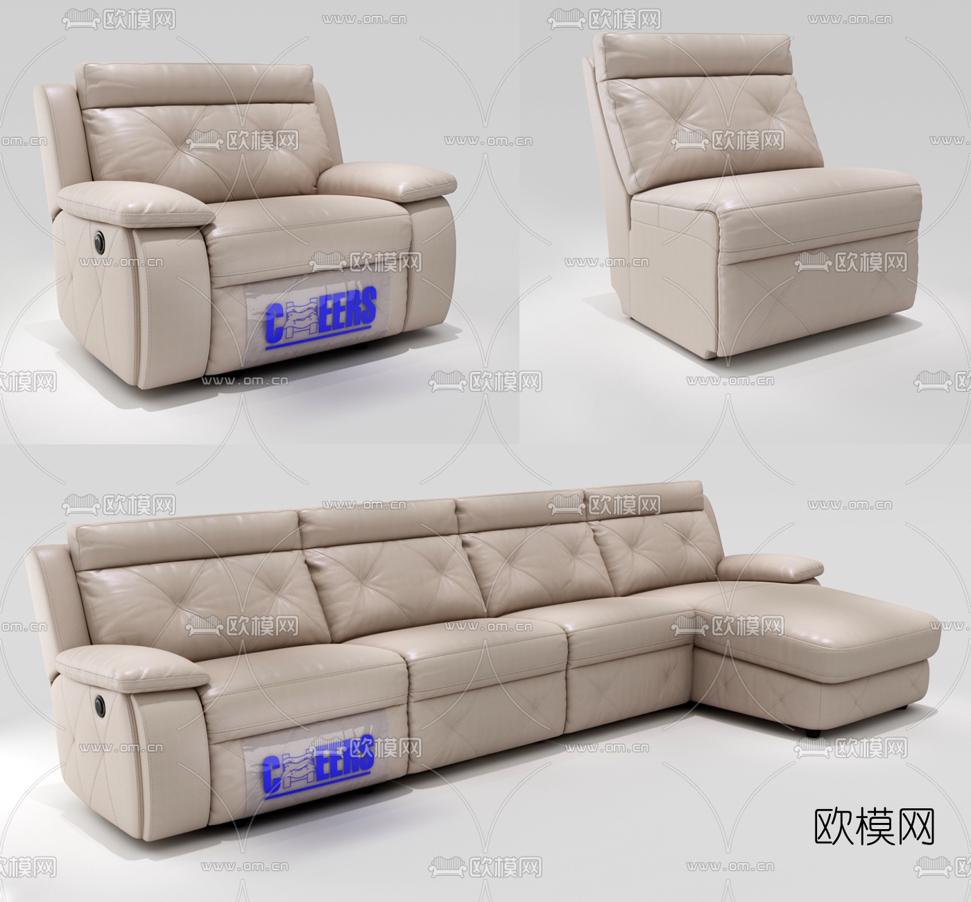 现代皮革多人沙发单人沙发组合3D模型-免费3dmax模型库-欧模网
