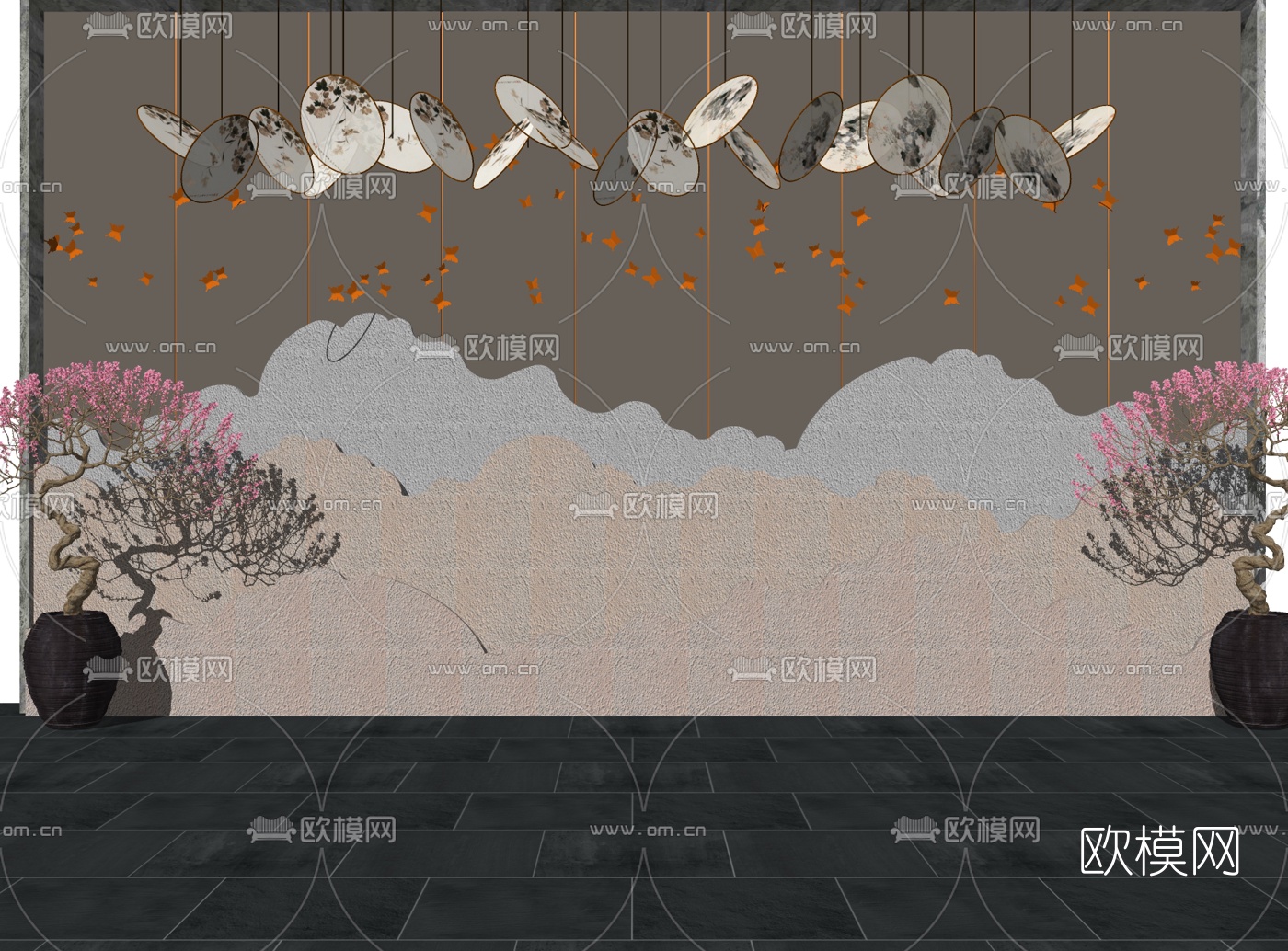 新中式山形背景墙su模型下载